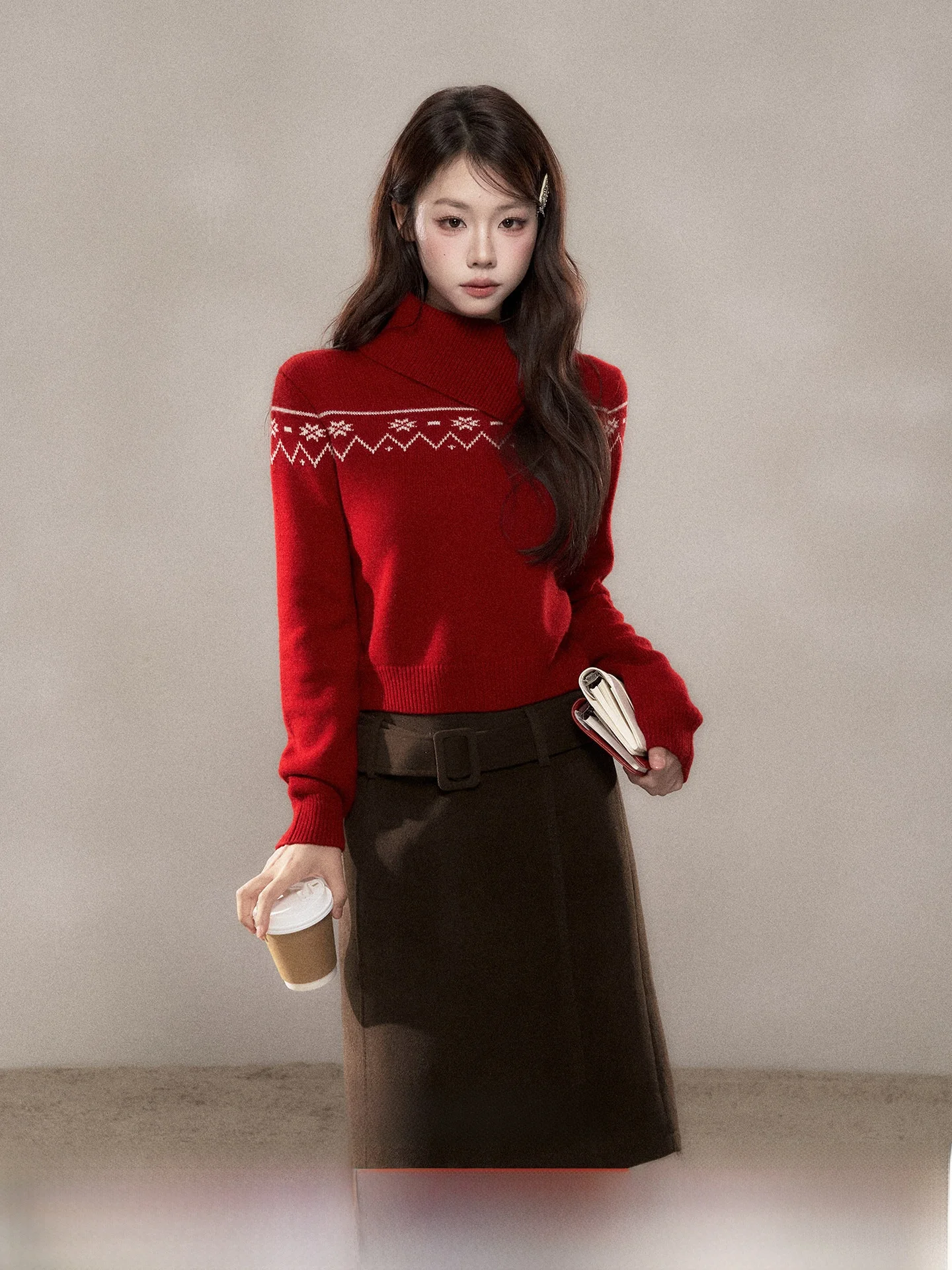 

Red Fair Isle Knit Sweater Women's Crew Ne Pullover Winter New Sle Ele Top Quali Material Long Sve Regular Fit