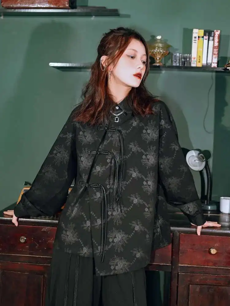 

New Chinese Style National Style Han Elements Women's Clothing Shirt Printing Retro Tops Frog Long Sleeves Coat
