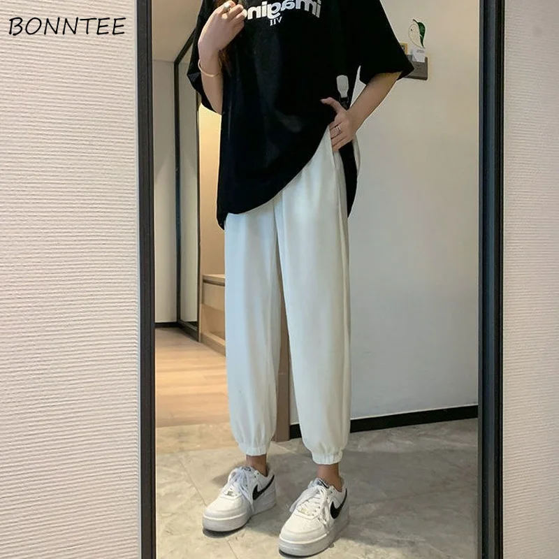 

Брюки женские мешковатые брюки-шаровары длиной до щиколотки однотонные простые универсальные с высокой талией на шнурке Harajuku корейский стиль подростковые летние