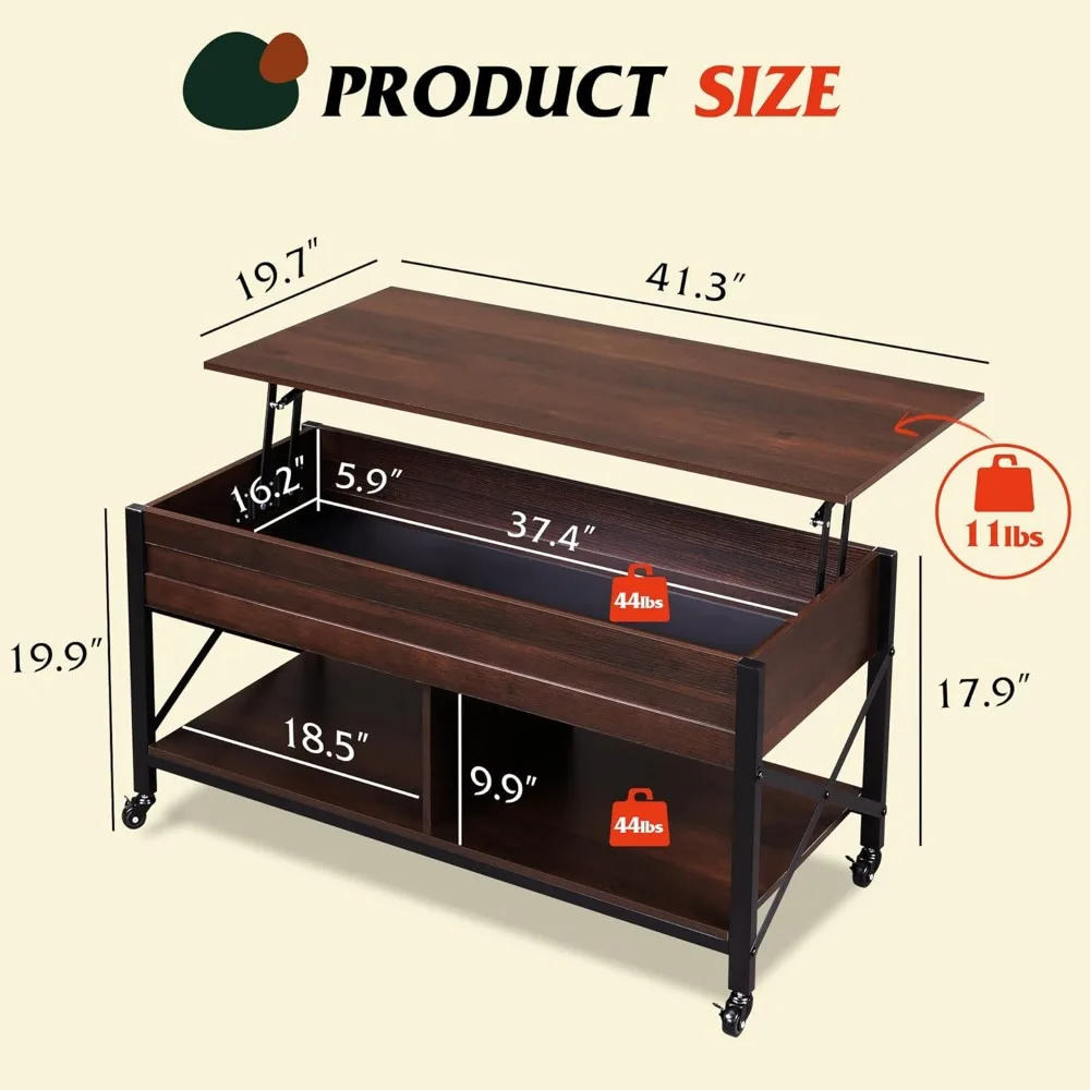 Журнальный столик, 41-дюймовый журнальный столик со скрытым отсеком, Многофункциональный журнальный столик с 4 колесами и 2 полками для хранения
