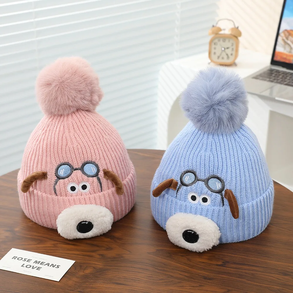 

Cartoon Dog Design Winter Baby Beanie Hat with Fur Ball Warm Woolen Knitted Hats Thickened Ear Protection Cap