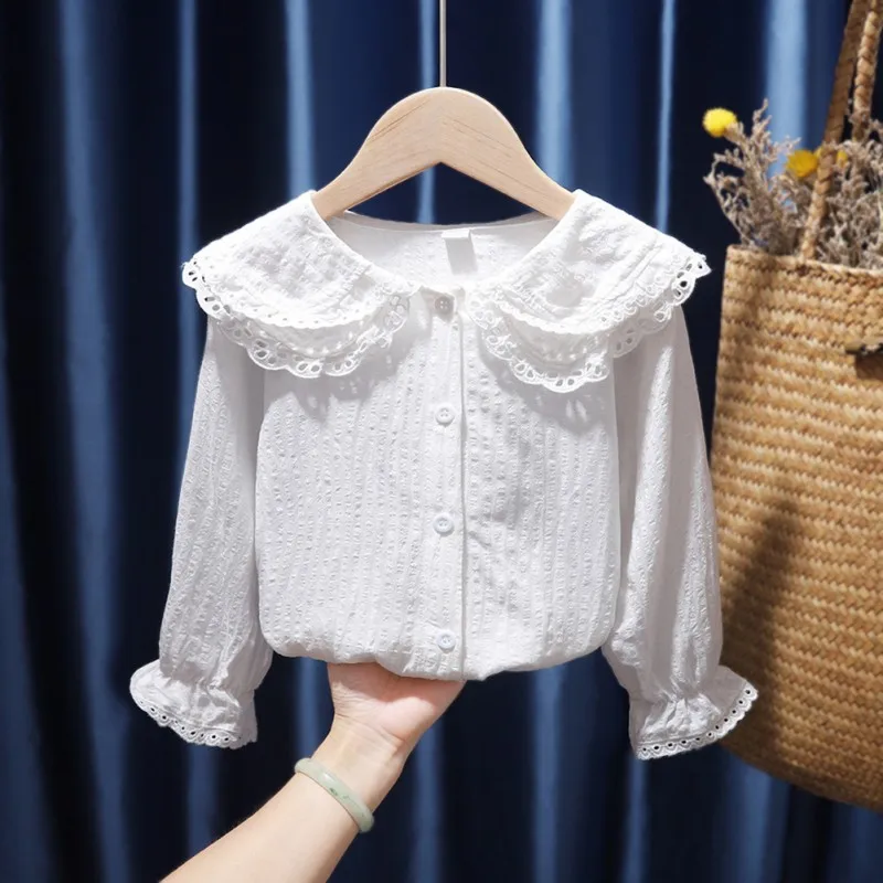 Girls Fashion White Blouses Children New Style Lapel Blouse Flared Sleeves Tops Kids Long-Sleeved Cotton Lace Casual Blouses