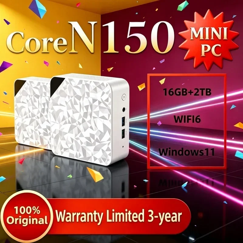 New Core N150 Hot 2026 Mini PC  For Business Work Household Office & Casual Play White Polygon Texture Genuine Device