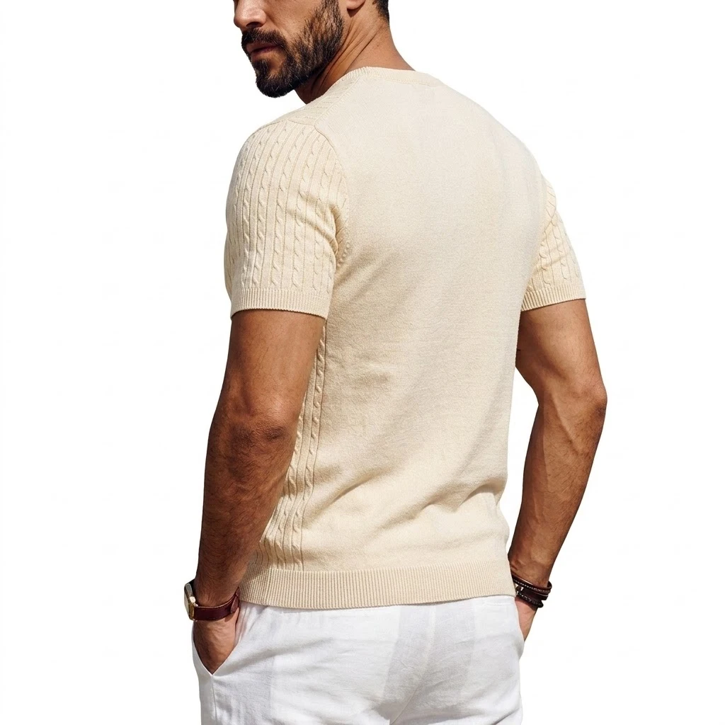 Neues Kurzarm-Strickpullover mit weicher Textur, Sommer-Strickshirt, lässige T-Shirts für Herren, gerippte Strickwaren, Rundhals-T-Shirts, Herren-T-Shirt – Detail 6