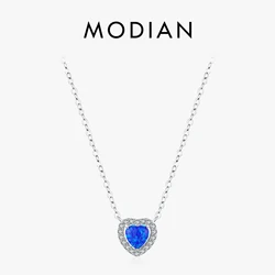 MODIAN Real 925 Sterling Silver Exquisite Blue Opal Heart Pendant Necklace For Women Fine Jewelry Romantic Anniversary Gifts