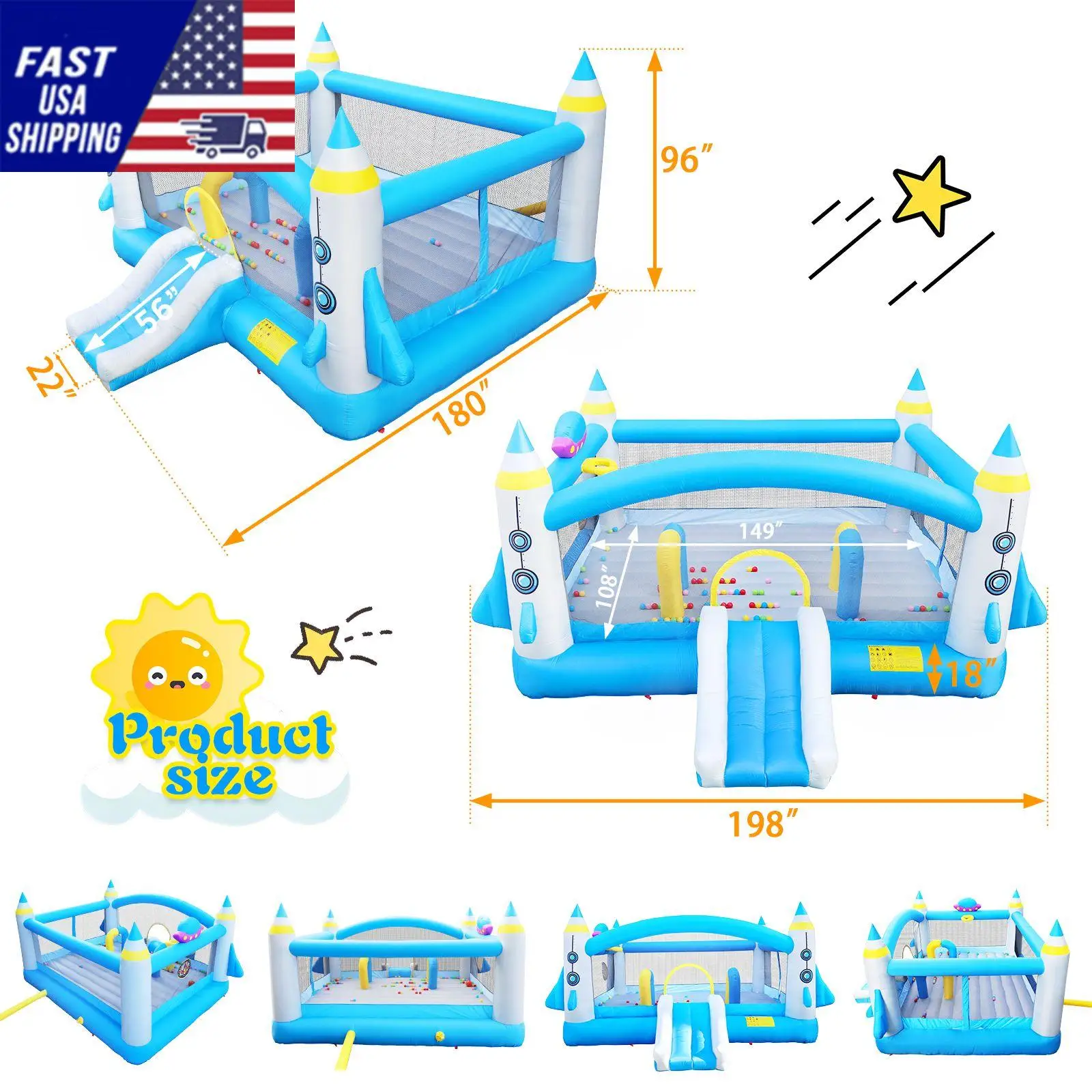 Buttafuori gonfiabili multifunzionali Jump 'n Slide per bambini Configurazione completa con ventilatore - Area gioco 198" x 180" - Altezza 96"