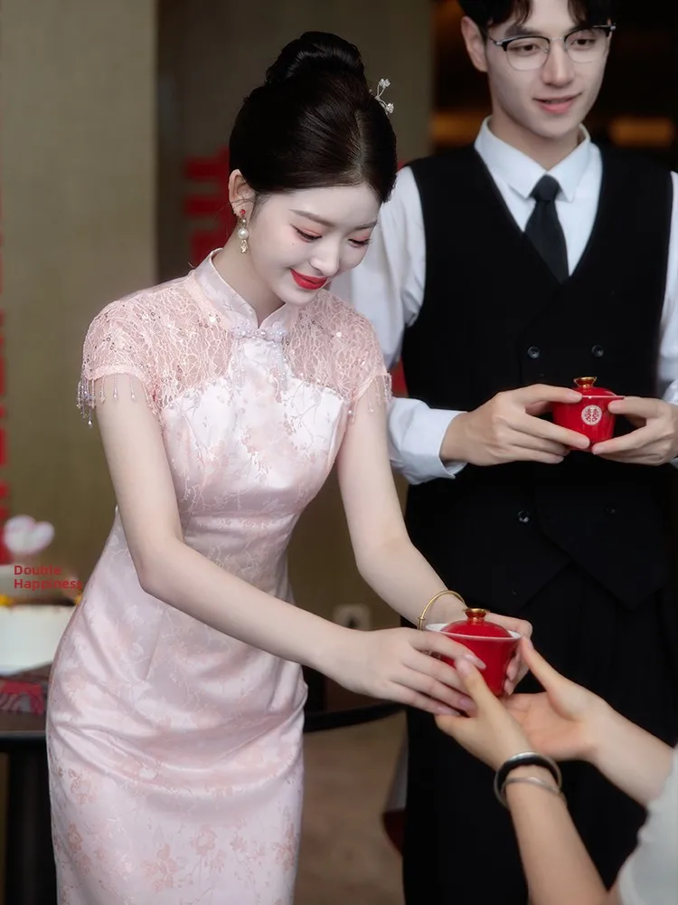 

New Chinese Sle Engagement Wedding Dr Women's Pink Formal Gown ort Sve Slim Fit Mid-Length for Par Banquet