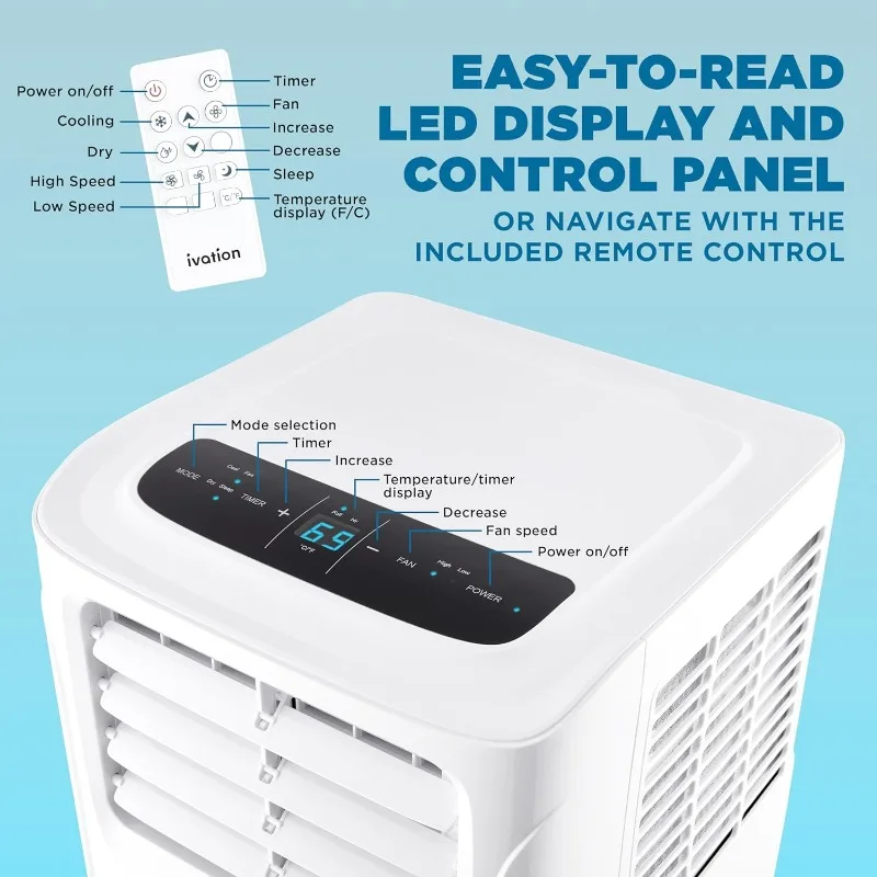 Ar condicionado portátil compacto Ivation 9000 BTU, menor unidade AC com resfriamento potente, ventilador multivelocidade, desumidificador