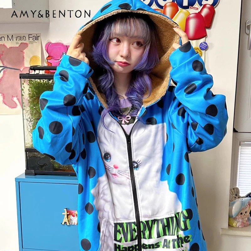 

2025 Autumn Winter New Women's Clothing Original Design Y2k Polka Dot Splicing Retro Fleece Loose Warm Zipper Sweatshirt Ladies