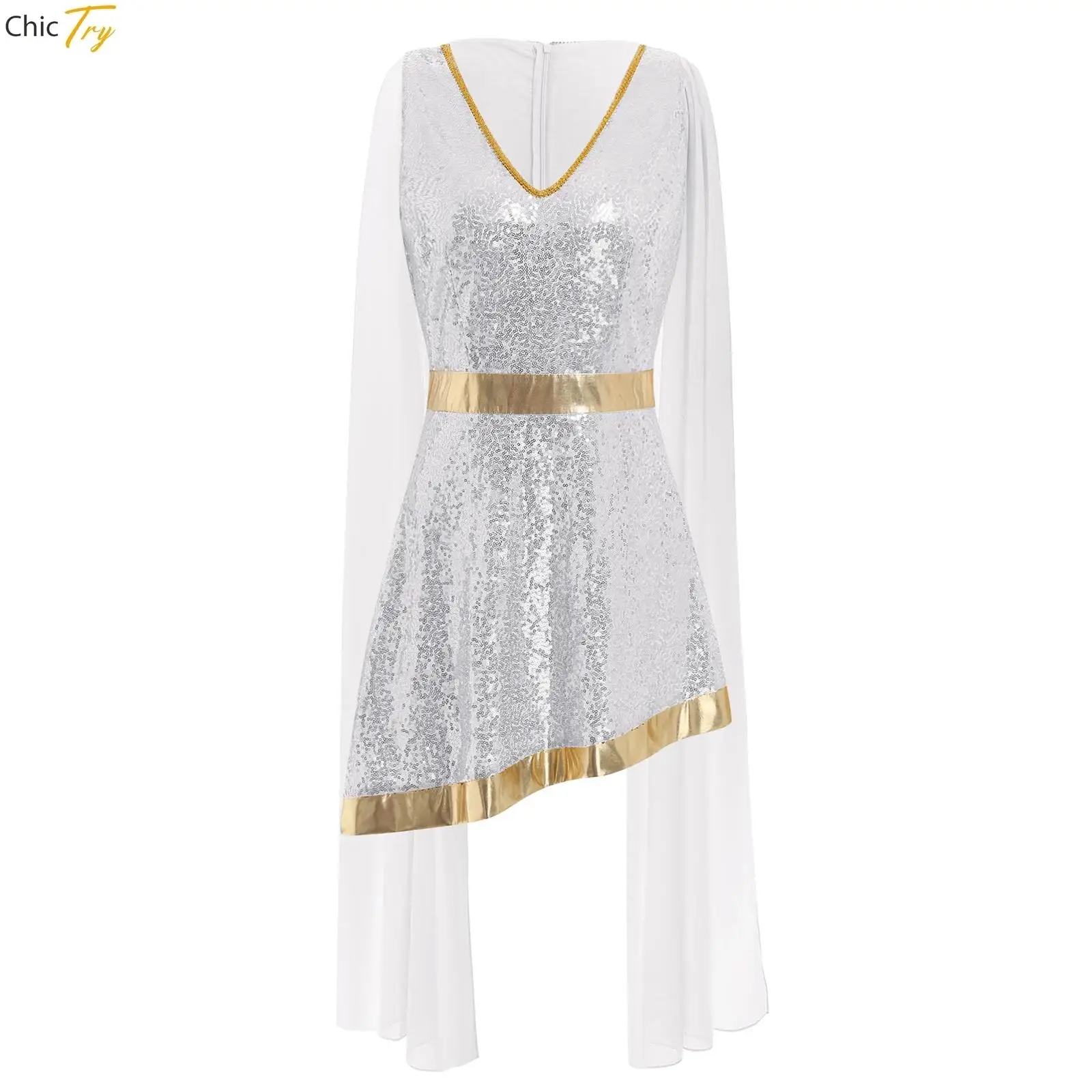 

Women's Halloween Carnival Ancient Greek Athenian Goddess Cosplay Costume Metallic Sequin Queen Princess Roman Toga Cape Dress