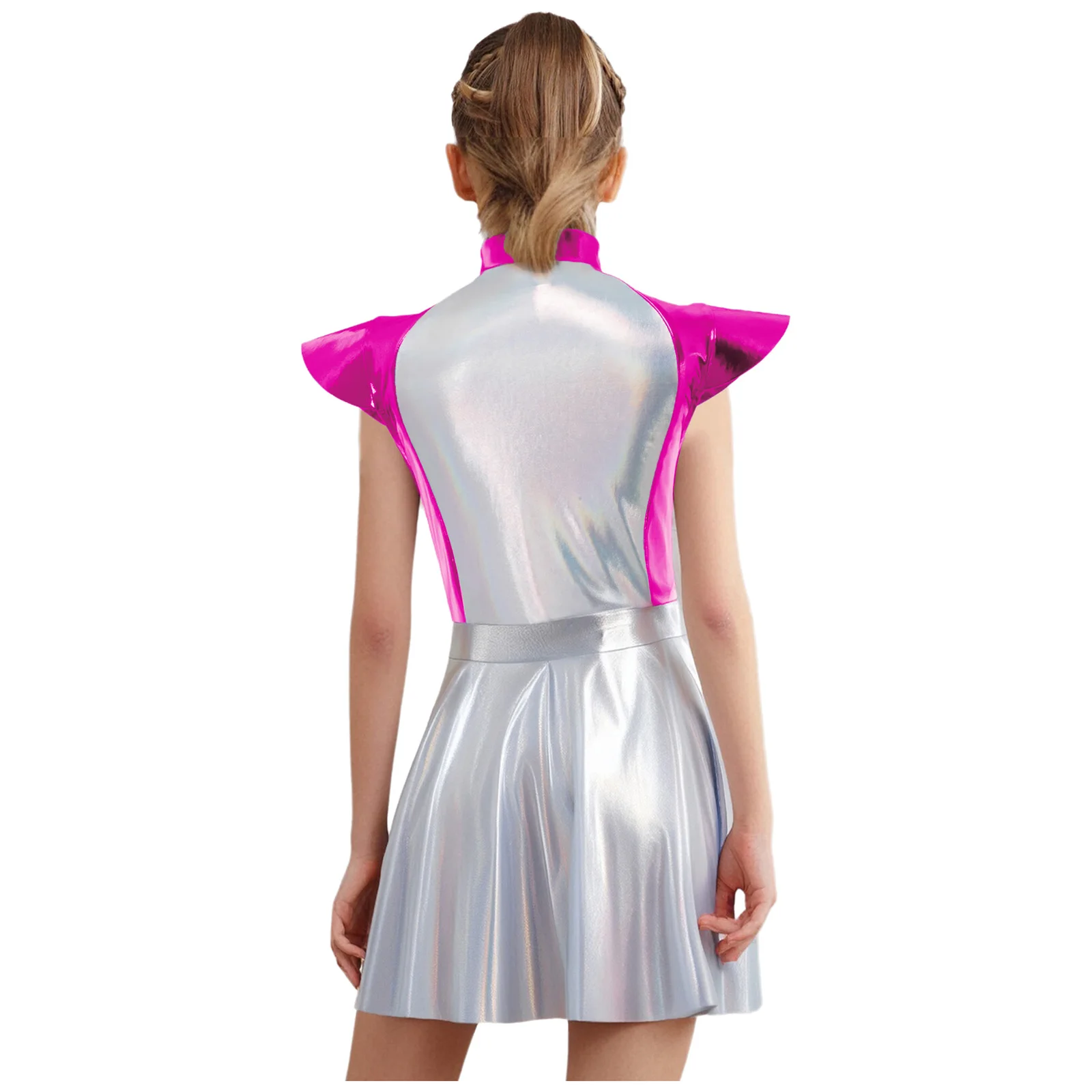 Kids Girls Alien Dress Halloween Cosplay Robot Costume Metallic Cap Sleeves High Waist A-line Dress Outer Space Cutie Costumes