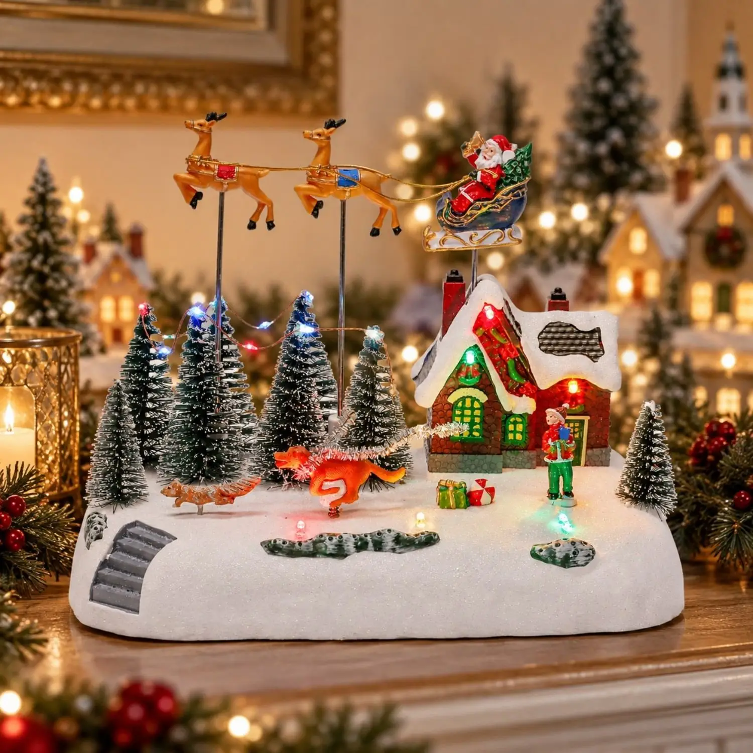 Animierter Weihnachtsmann-Schlitten mit Musiklichtern, Weihnachtsdorf-Dekoration, Snots on the Run, Figuren-Gebäude-Zubehör für den Innenbereich – Detail 5