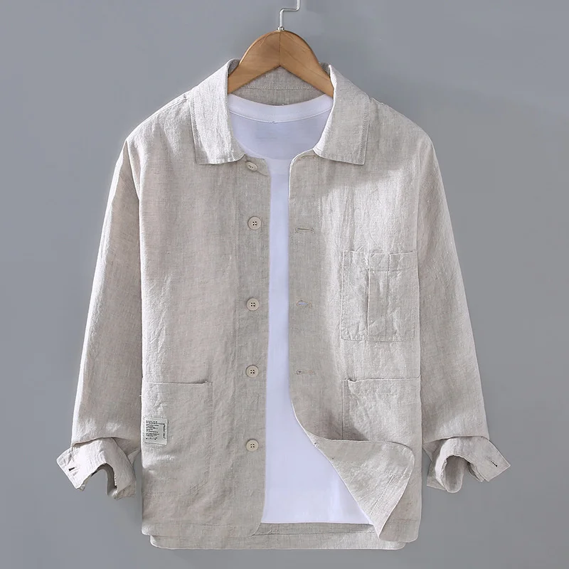 

Autumn Retro Tooling Linen Jacket For Men Japanese Styles Sold Color Simple Versatile Multi-pocket Male Thin Jackets and Coats