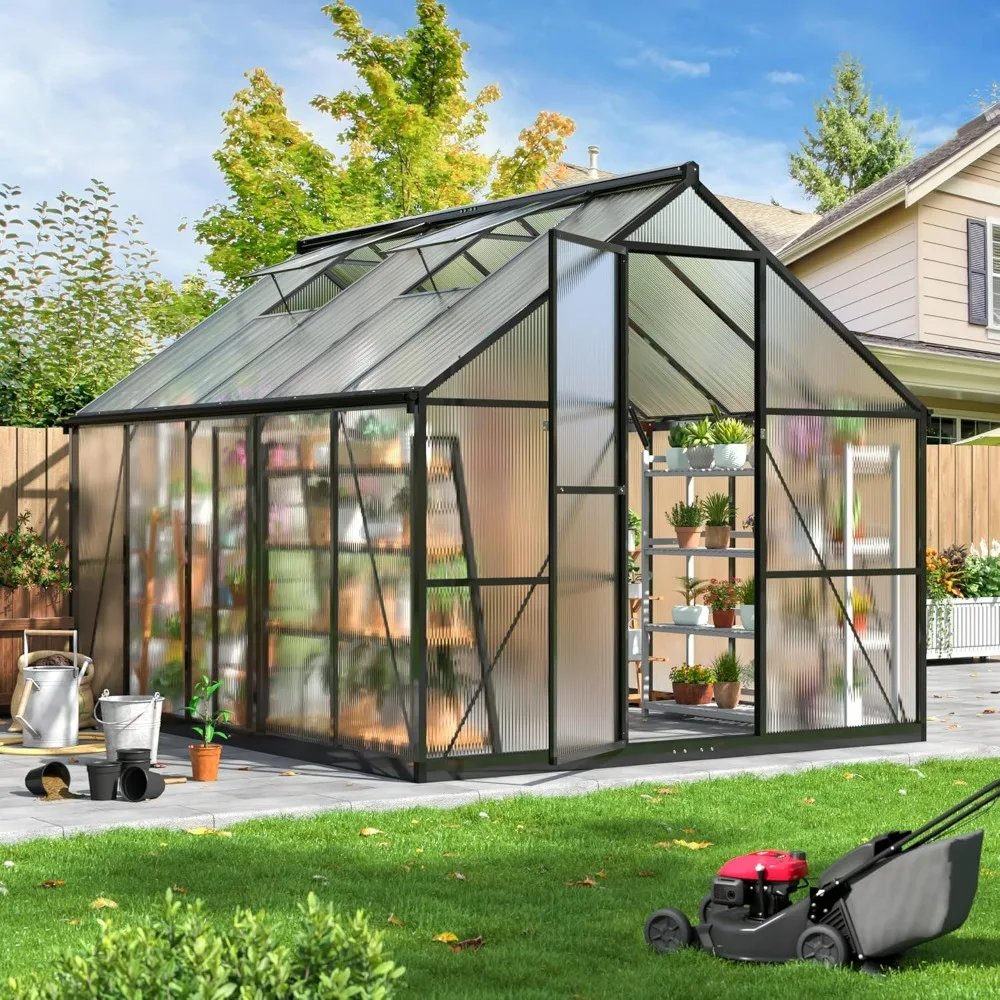 

8x10 FT Greenhouse for Outdoors, Quick-fit Structure Greenhouse with Window for Ventilation, Aluminum Greenhouse, Black