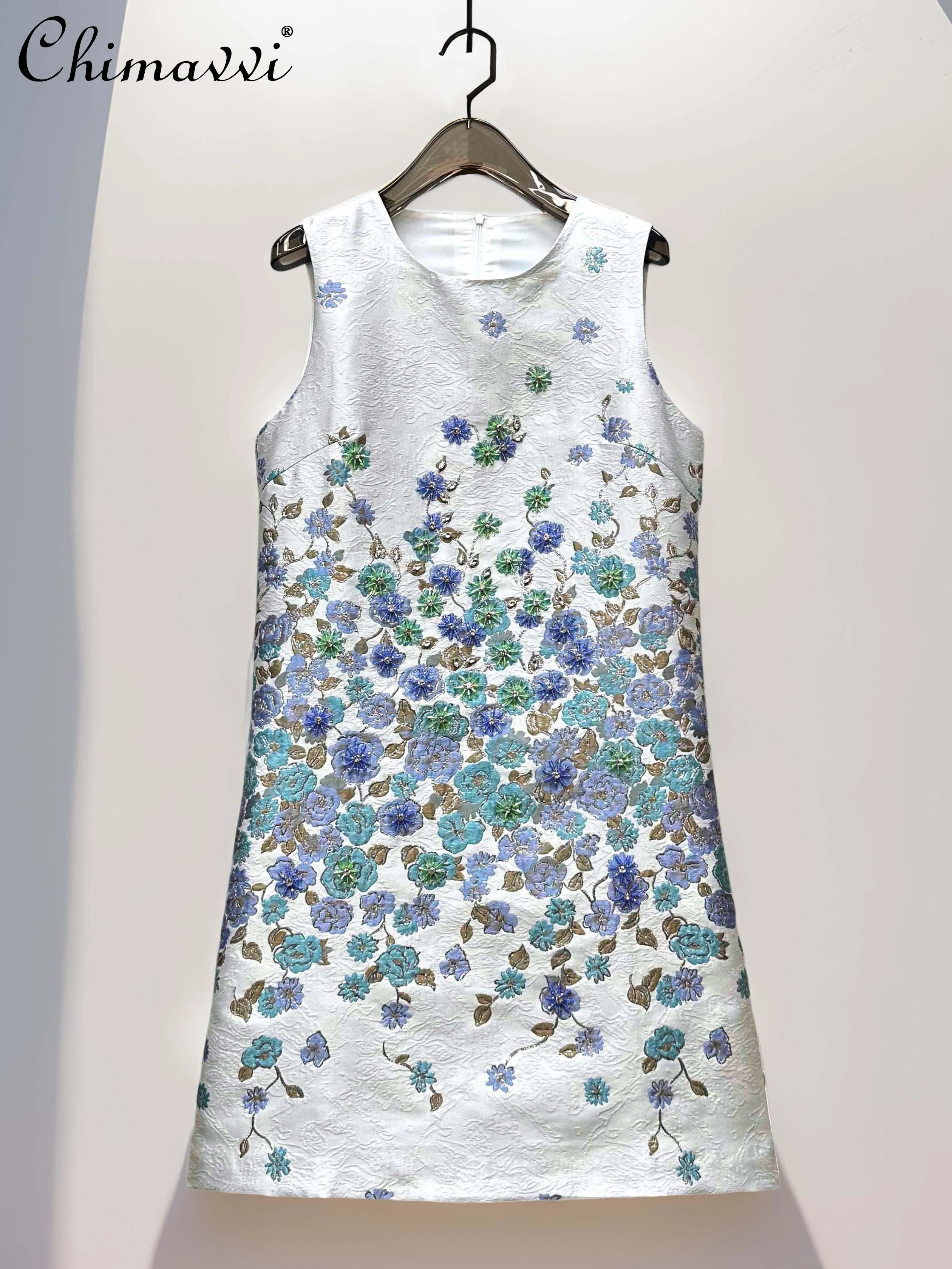 

French Elegant Socialite Heavy Industry Evening Dresses Embroidered Beads Diamond Round Neck Sleeveless Luxury Short Dress Women