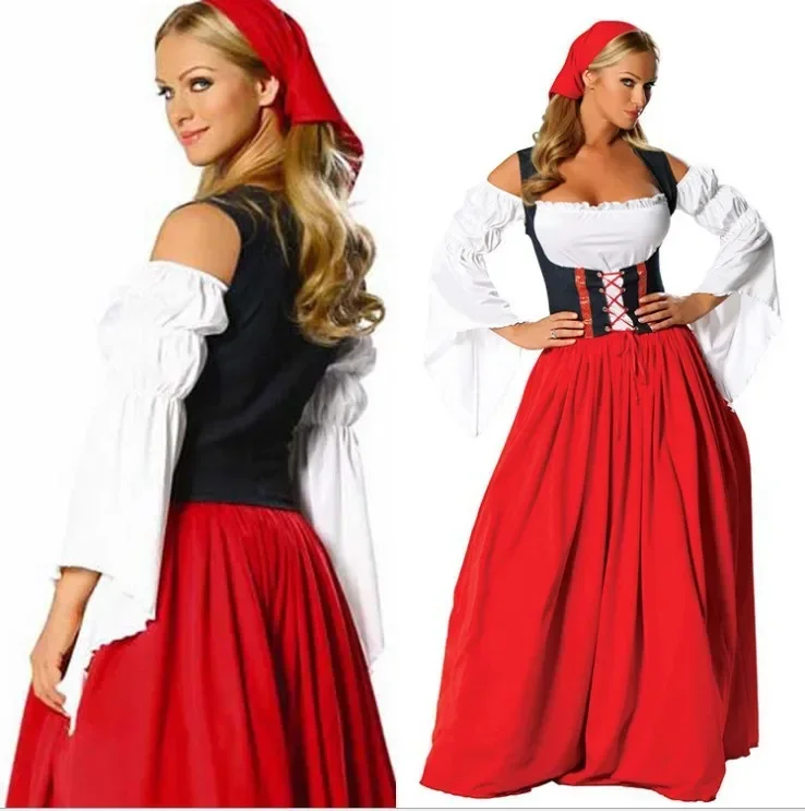 Traditional Ladies Bavarian Oktoberfest Dirndl Costume Womens Medieval Serving Wench Long Dress Beer Party Outfit