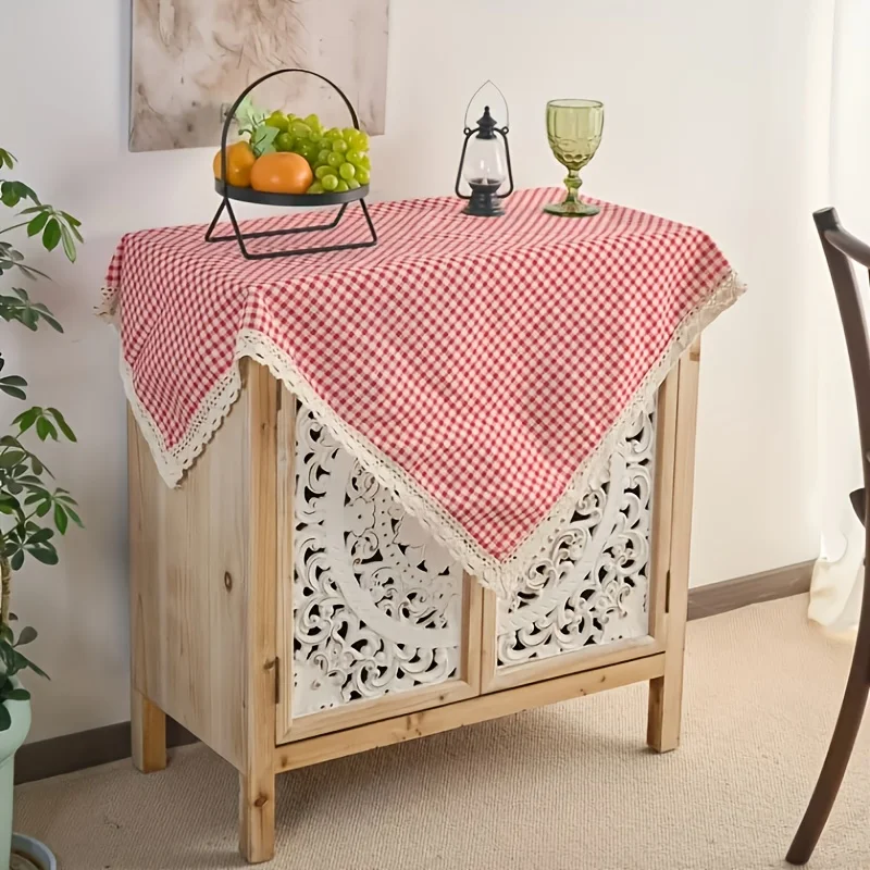 Red and White Plaid Lace Trim Picnic Blanket - Machine Washable Tablecloth, Suitable for Camping, Beach