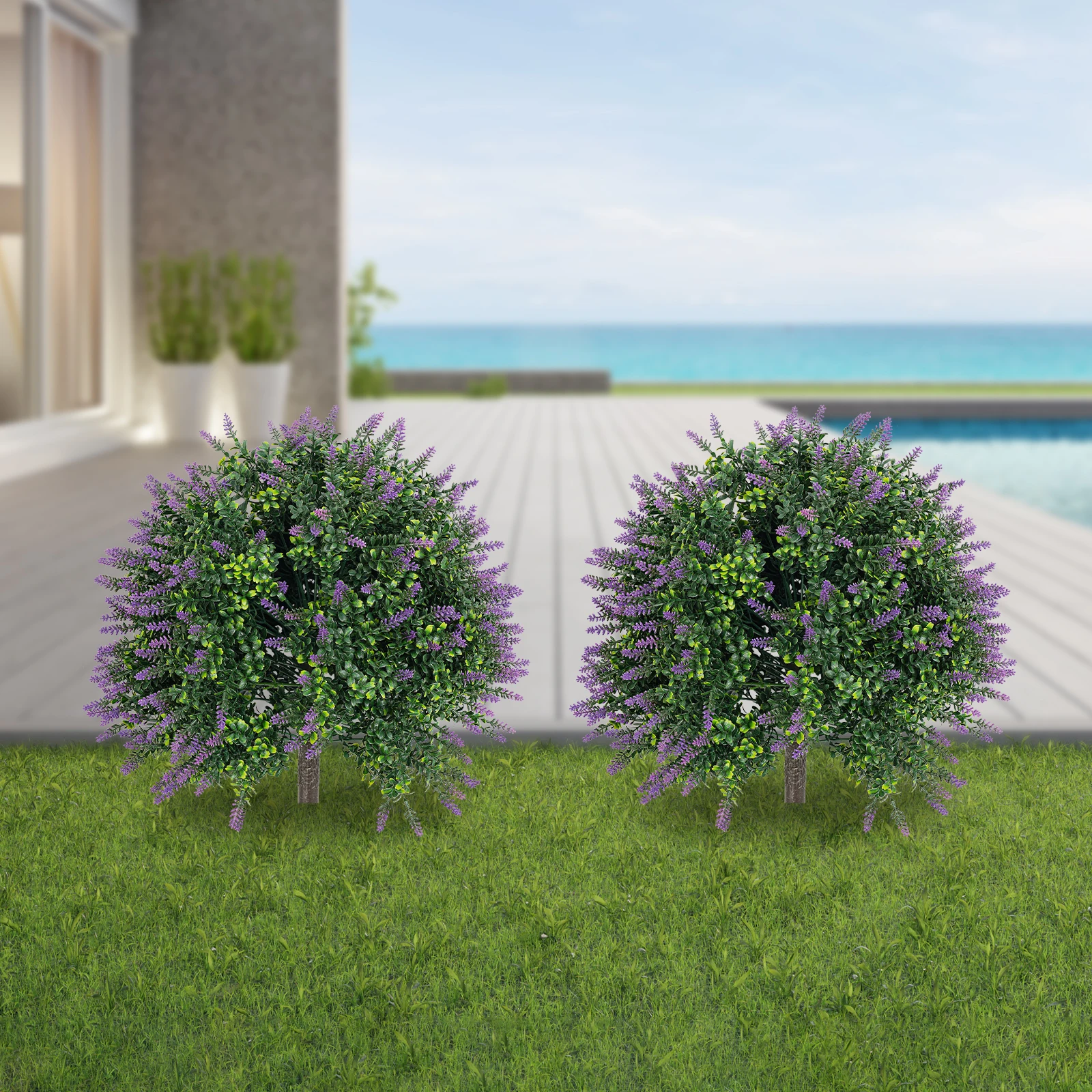 2Pcs Artificial Lavender Plants with Ground Spikes, Fake Lavender Flowers UV-Resistant for Indoor Outdoor Garden Balcony Front Door Decor, 40x72cm Purple Green view 5