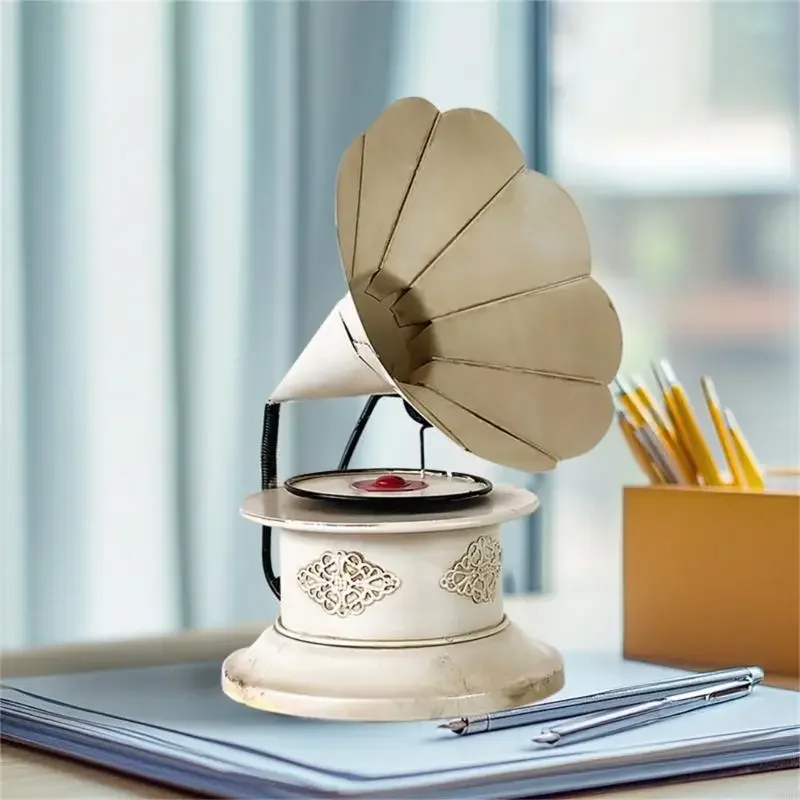 

Metal Gramophone Replicas Elegant Bookshelves Accent Vintage Themed Phonograph Model Sculpture Home Room Embellishment