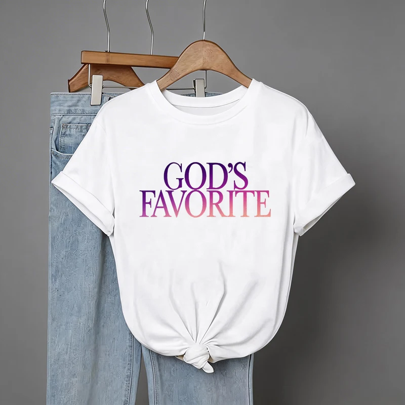 2026 Letter GOD'S FAVORITE Graphic Tee Shirt for Women Simple Printed T-Shirt Korean Style Crew Neck Short Sleeve Summer Tshirt