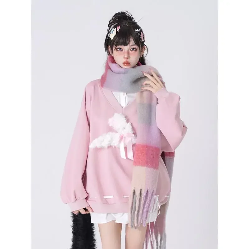 New Casual Loose Pink Hoodies Women All Match Plush Rabbit V-neck Sweatshirt Y2k Aesthetic Korean Fashion Harajuku