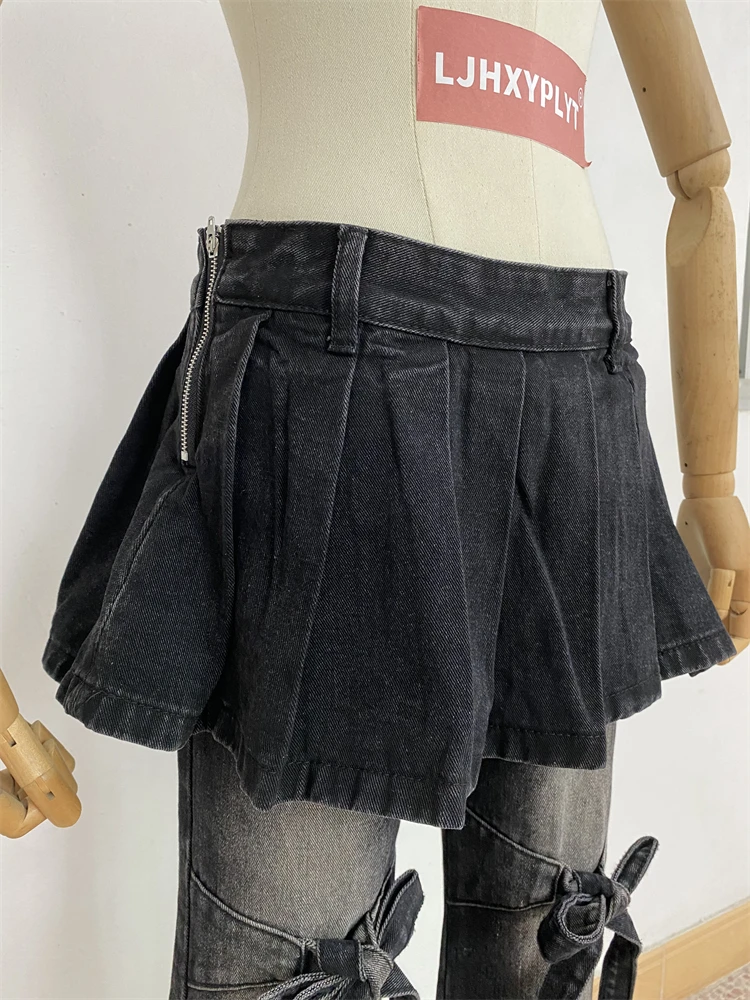 Falda plisada empalmada para mujer, pantalones acampanados negros de pierna ancha, ropa de calle, pantalones Retro de moda, pantalones vaqueros vaqueros de cintura baja para mujer