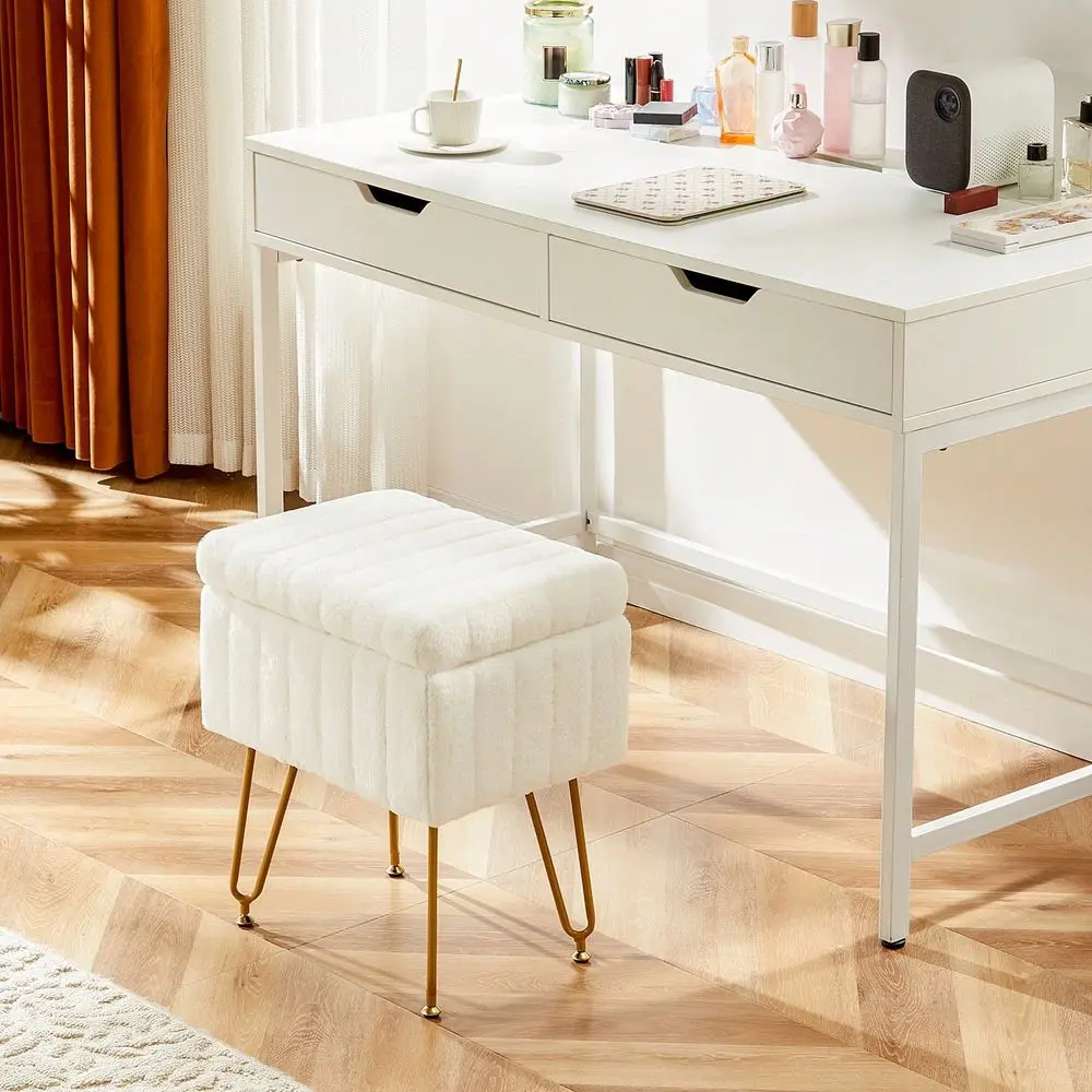 

Табурет-пуфик для туалетного столика с искусственным мехом и отсеком для хранения, мягкий, на 4 металлических ножках с регулируемыми противоскользящими наконечниками, с толстым мягким сиденьем, современный дизайн