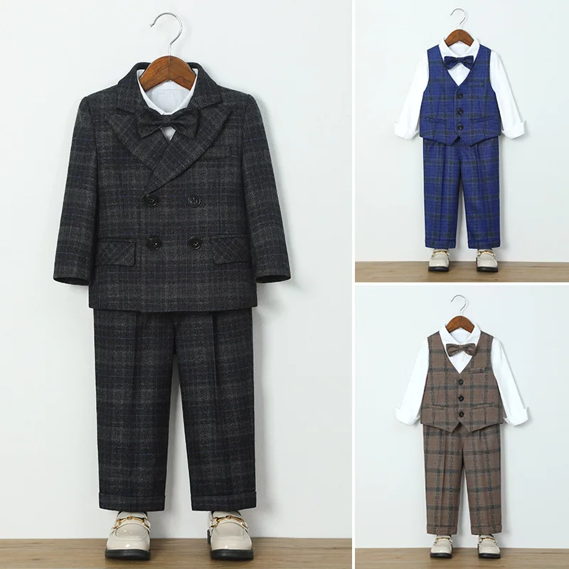 

4/5PCS Suit Autumn Winter Children Boys Plaid Suits Elegant Kids Boys Wedding Sutis Boys Slim Fit Suit Boys Suits 4yrs To 12yrs