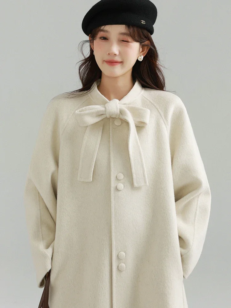 

Women Modern Vintage Double-faced Wool Coat with Bow Solid Color Single Breasted Coats Relaxed Fit Handmade Perfect for Winter