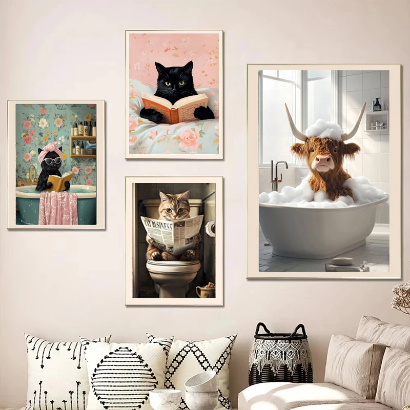 

Fashion Animal Reading Newspaper In Bathtub Canvas Art Printing Fun Cat Reading Poster Printing For Office Bathroom Home Decor