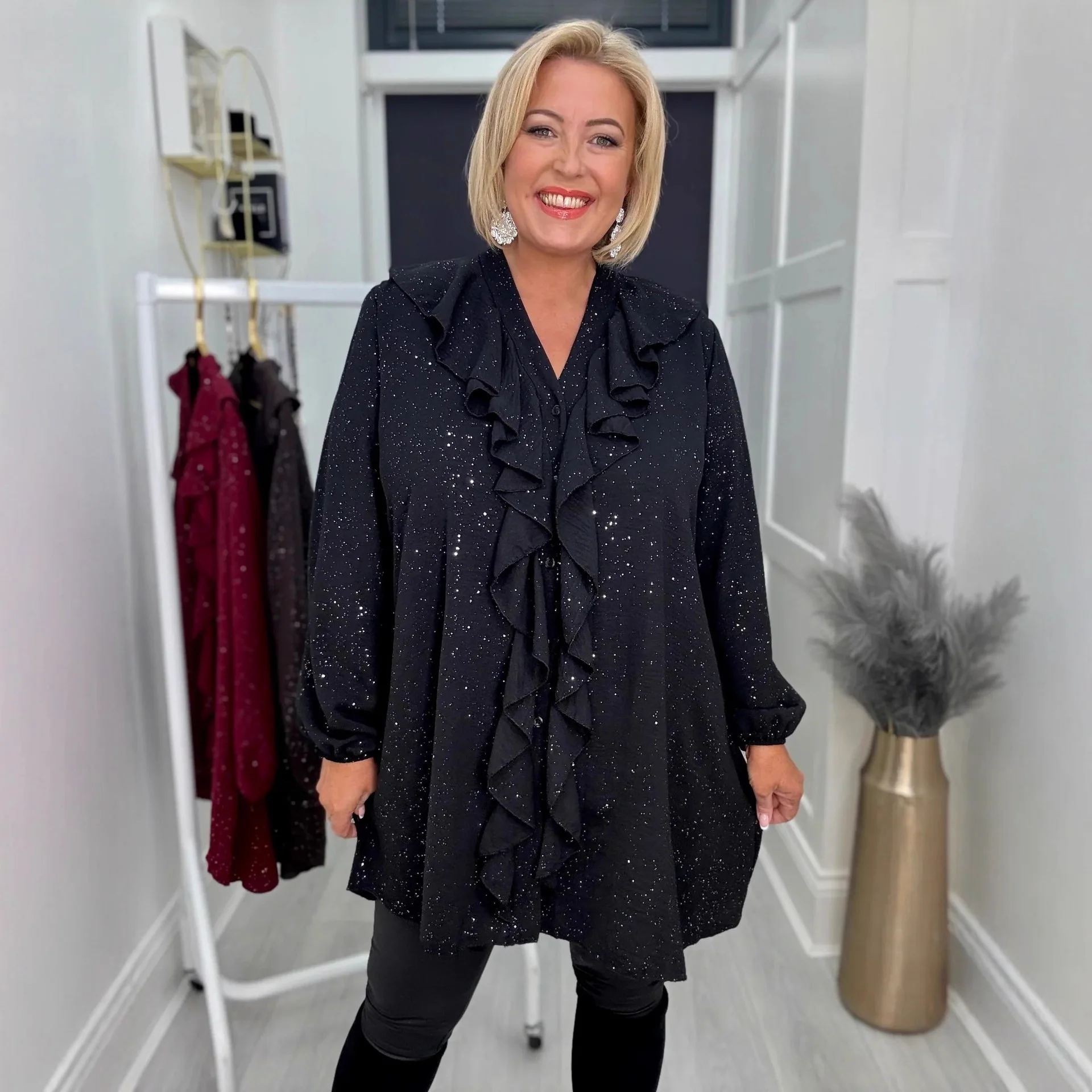 

2026 European American Cross-Border Amazon Independent Station Loose Casual V-Neck Long Sleeve Shirt With Gold Leaf And Ruffled