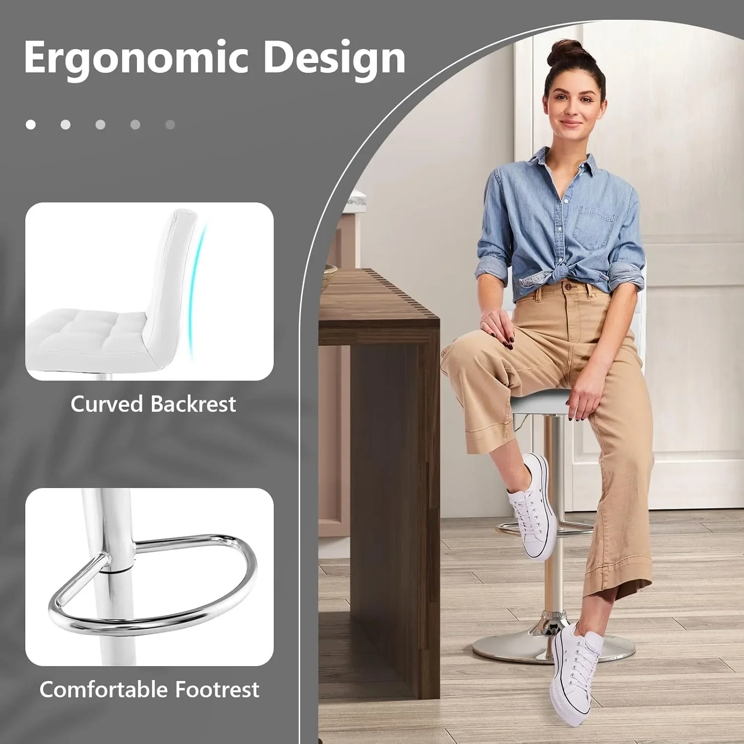 مقعد بار حديث من جلد البولي يوريثان قابل للتعديل مع مسند ظهر، مسند للقدمين لجزيرة المطبخ، البار، ديكور المنزل #5