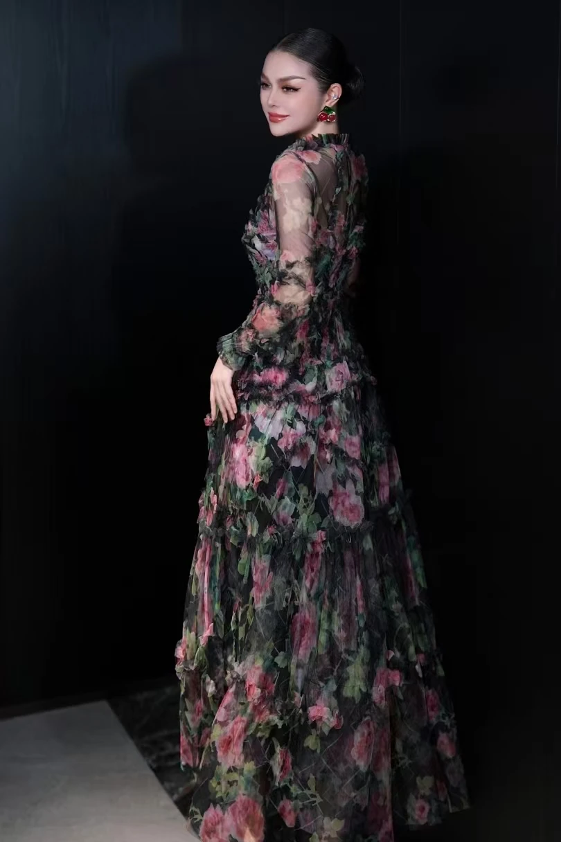 الربيع والصيف س الرقبة منظور بأكمام طويلة الربط الدانتيل الشيفون النسيج الطباعة رومانسية النمط الفرنسي المرأة فستان طويل #5