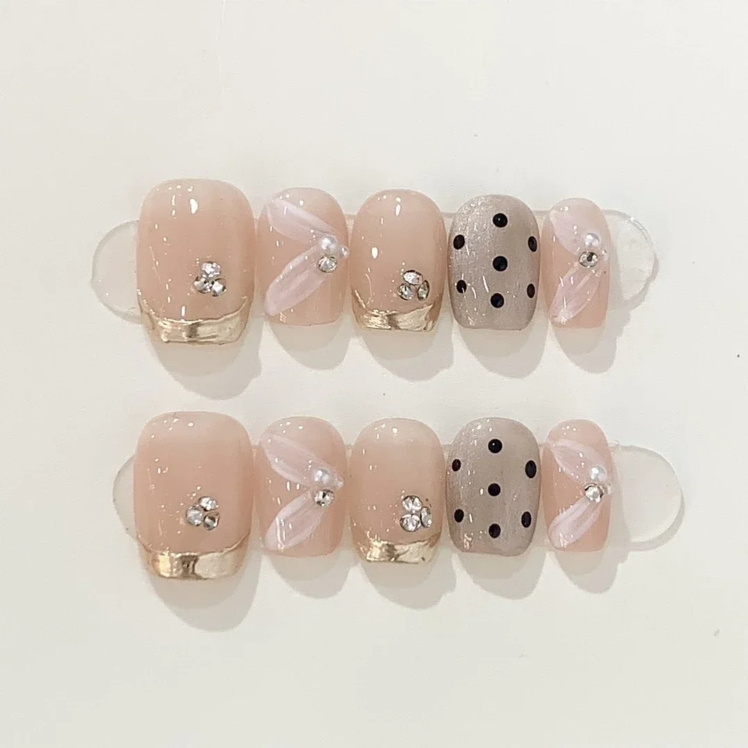 10Pcs French Handmade Press on Nails Short Fake Nails with Rhinestone Wearable Stick-on Nails Full Cover False Nail Uñas 네일팁