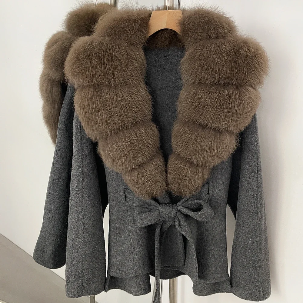 OFTBUY Neue Winterkleidung für Damen, Luxuriöser Kurzer 100% Wollmantel mit Natürlichem Pelzkragen, Warmem Gürtel und Echtem Fuchspelz, Wolljacke für Damen – Detail 28