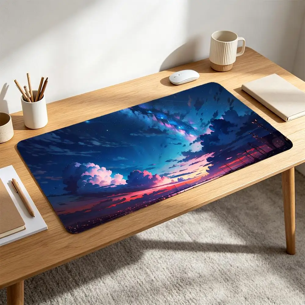 Dreamy Twilight Urban XXL Desk Pad Colorful Sunset Sky Sparkling Milky Way Galaxy Voluminous Pink Clouds Quiet Town Horizon