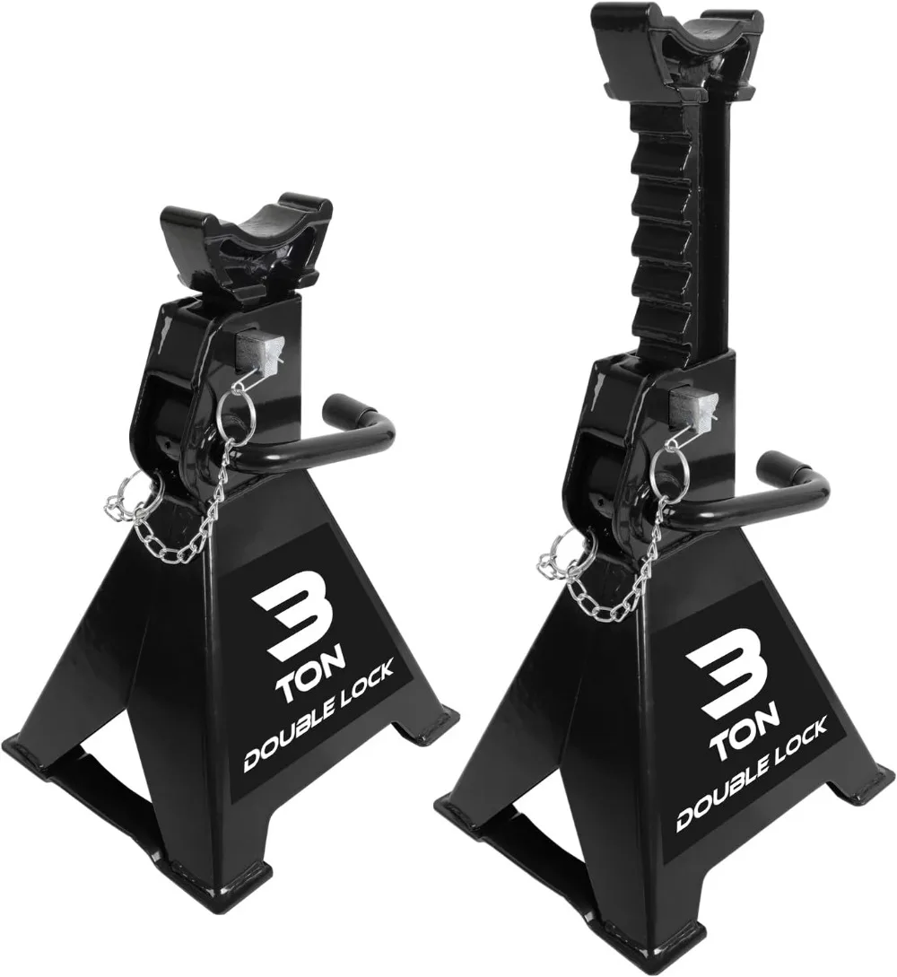 Heavy Duty Steel Jack Stands: Double Locking Pins, 3 Ton (6000 lb) Capacity, Adjustable Height 11-16 inches, Black Pair