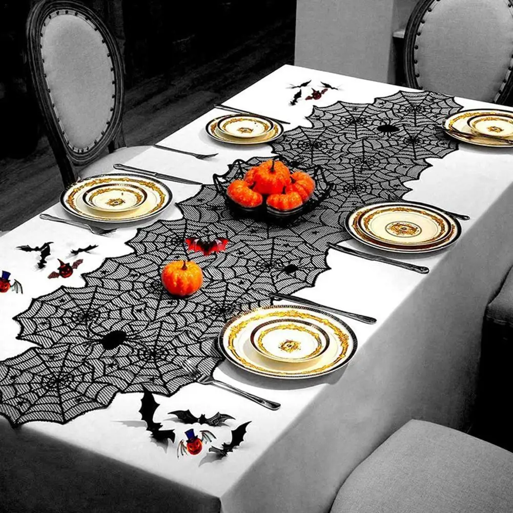 

New Halloween Decoration Table Runner,Spider Web Black Lace Table Runner for Kitchen Dinner Table,Halloween Decoration