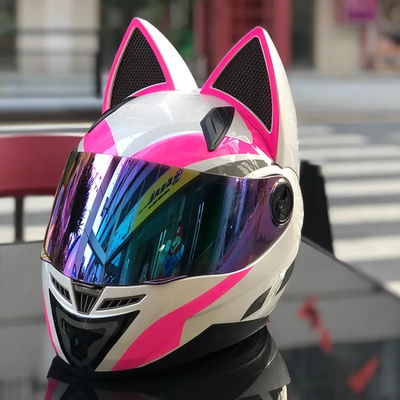 Unisex Full Coverage Moto Helmet 3C Safety Approved All Weather Racing Helmet Stylish Horn Cat Ear Decor For Street Bike