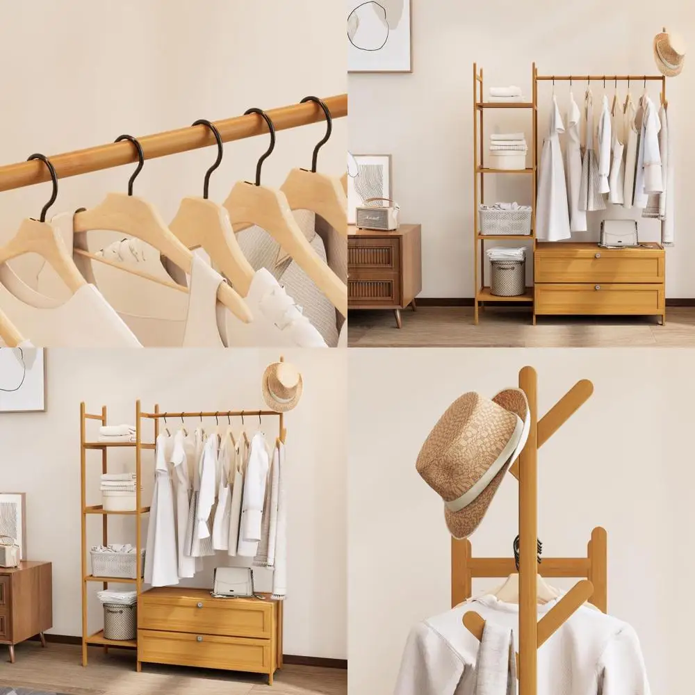 

5-Tier Bamboo Garment Rack with Drawers, 6 Hooks, Entryway Storage Organizer (39.4 W, Natural)