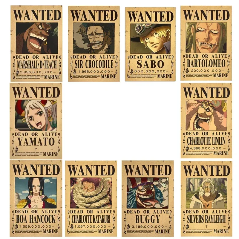 One Piece Wanted Posters 10pcs Set Kids Figures Anime Gear 5 Luffy Sun God Nika Bounty Vintage Living Room Wall Decoration Toys