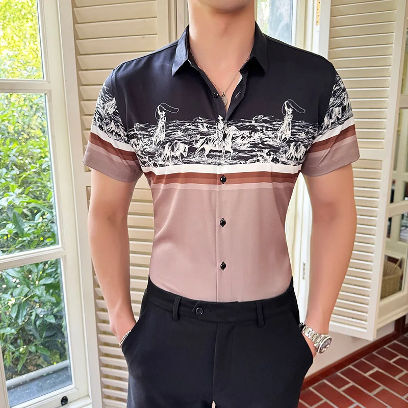 Chinese Style Striped Printed Shirt for Men Summer Short Sleeve Slim Fit Casual Shirts Fashion Social Party Tuxedo Blouse M-6XL