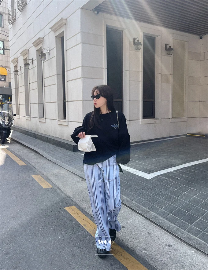 Pantaloni a gamba larga a righe verticali blu Casual a vita alta Coreano Sle Pendolarismo Vento Estate Effetto sottile Ba Elastici Simple De...