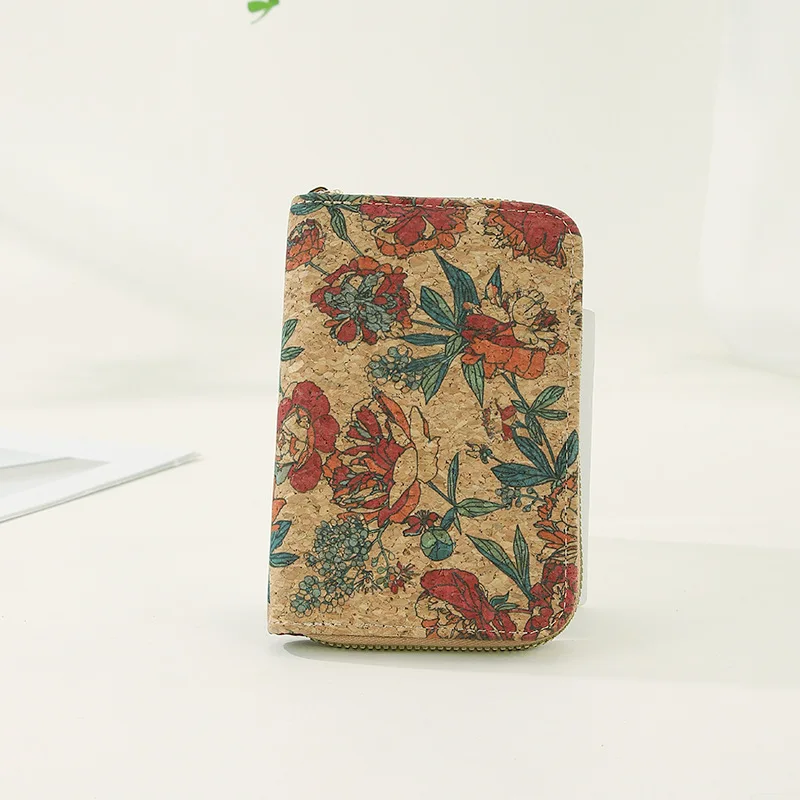 8pcs Wallets  Women Cork Leather Flower Copper Coins Printing  Multifunctional Middle Credit Card Holder