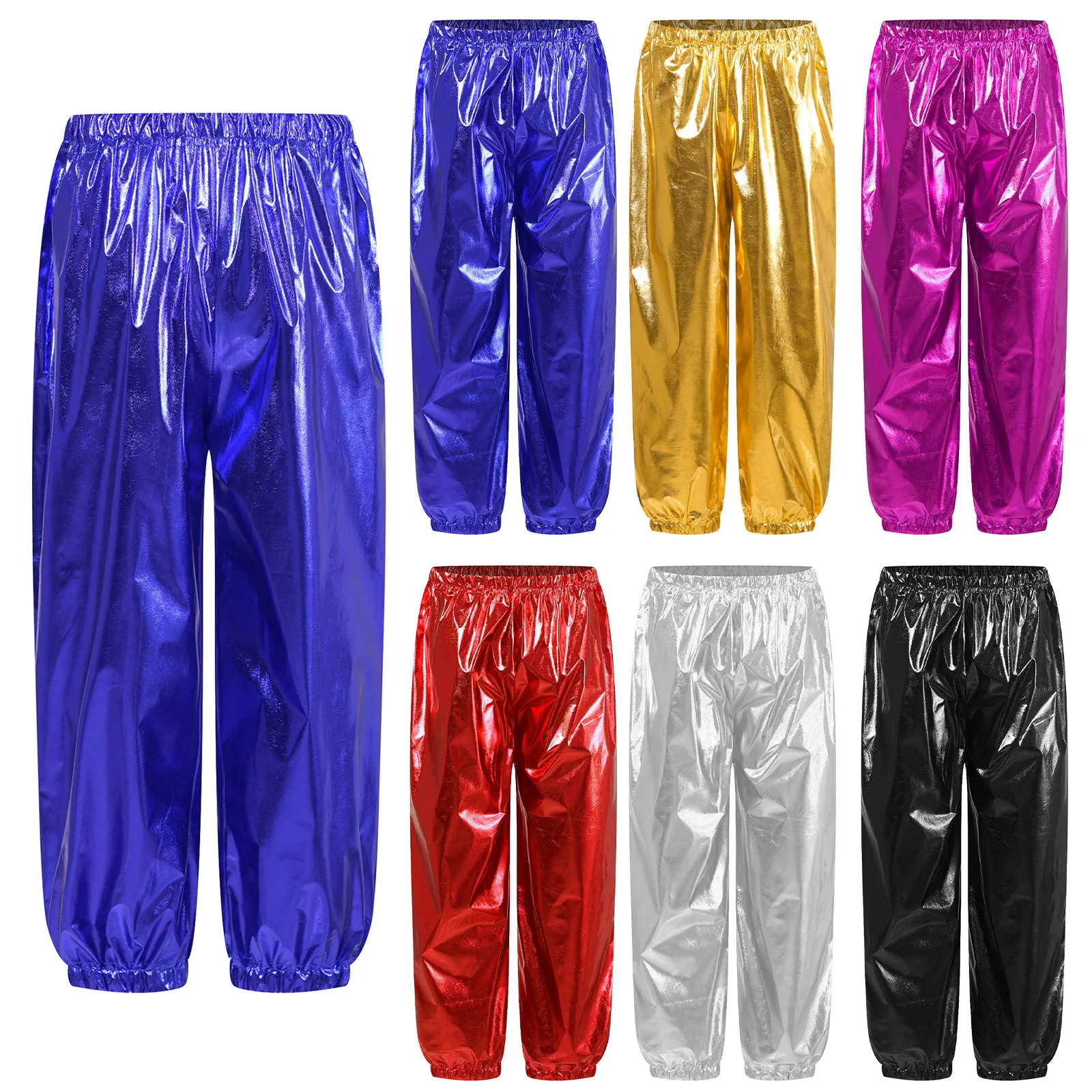 Kids Boys Girls Metallic Harem Pants Jazz Dance Costumes Elastic Waistband Shiny Trousers for Modern Hip Hop Street Dancewear