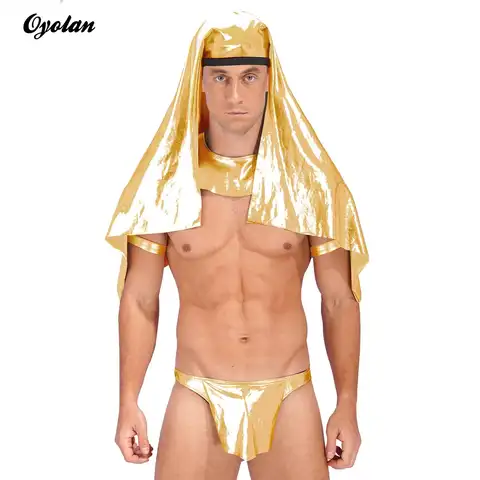 Heren sexy volwassen prins cosplay outfit metallic glanzende hoofddeksel kraag armbanden laagbouw Ardennen Pouch G-string Thong ondergoed