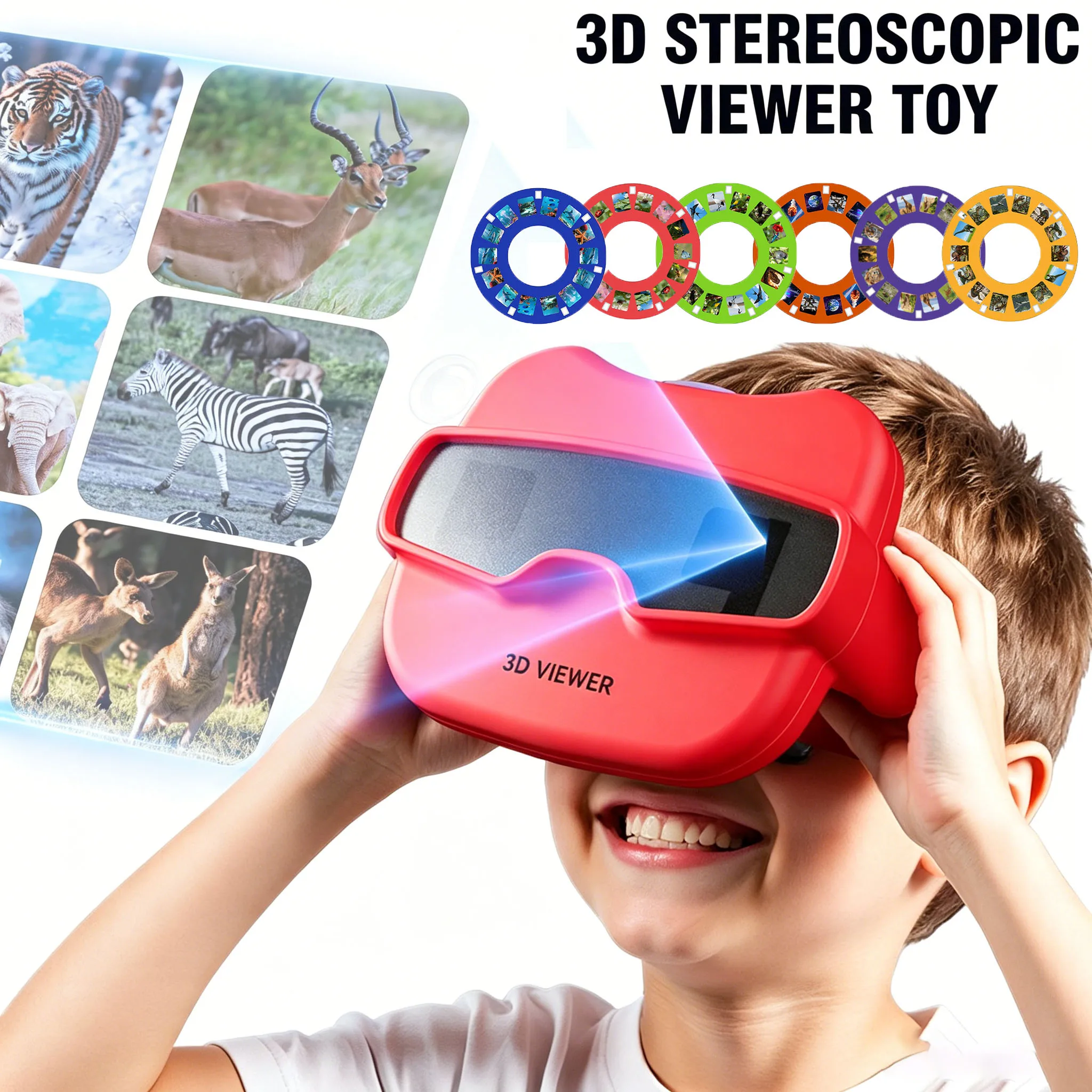 

3D Stereoscopic Viewer Toy with 6 Reel Viewfinder Portable Lighting 3D Education Viewing Machine Story Learning for Kids