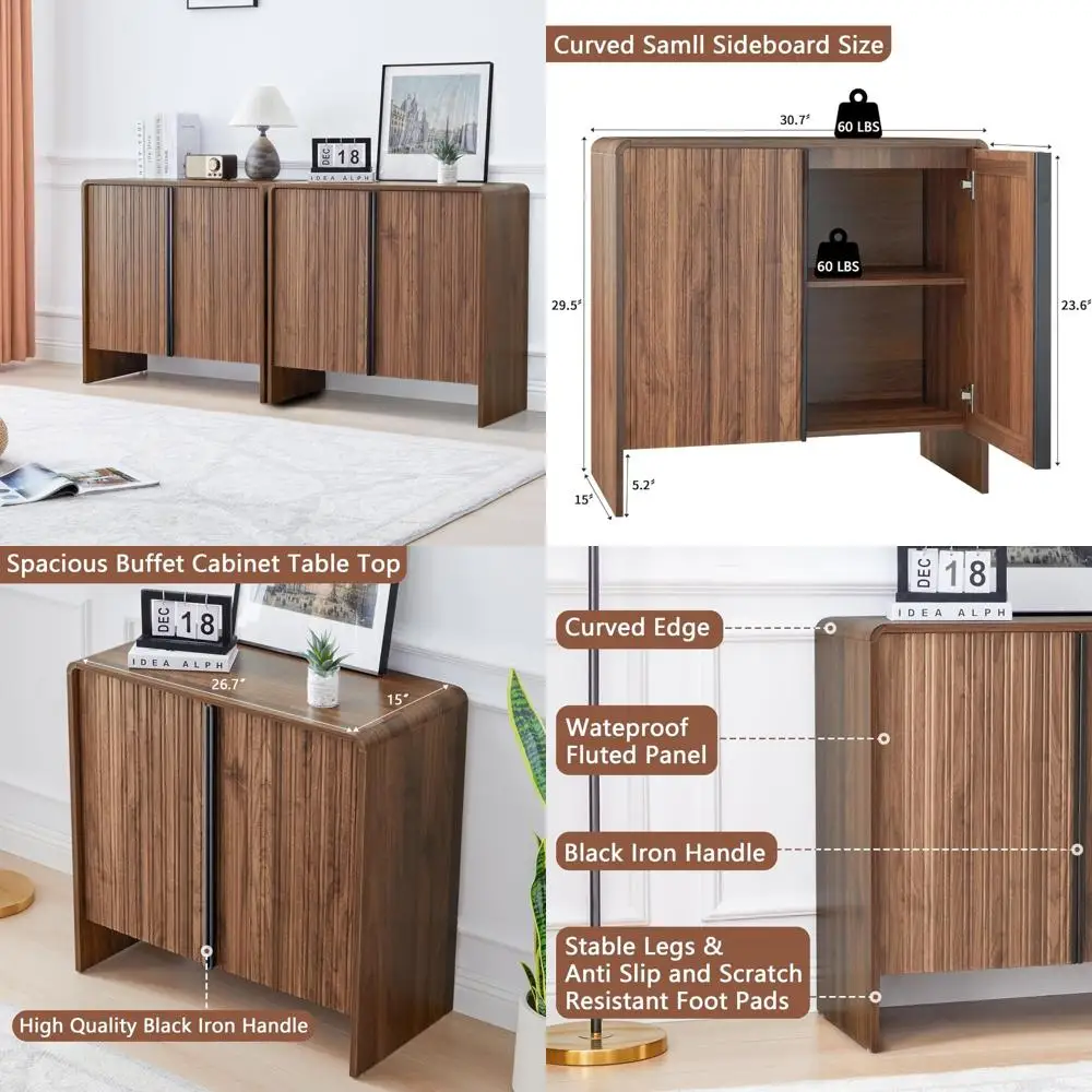 Buffet aparador de porta canelada de 60 polegadas com bordas curvas e armazenamento em destaque marrom