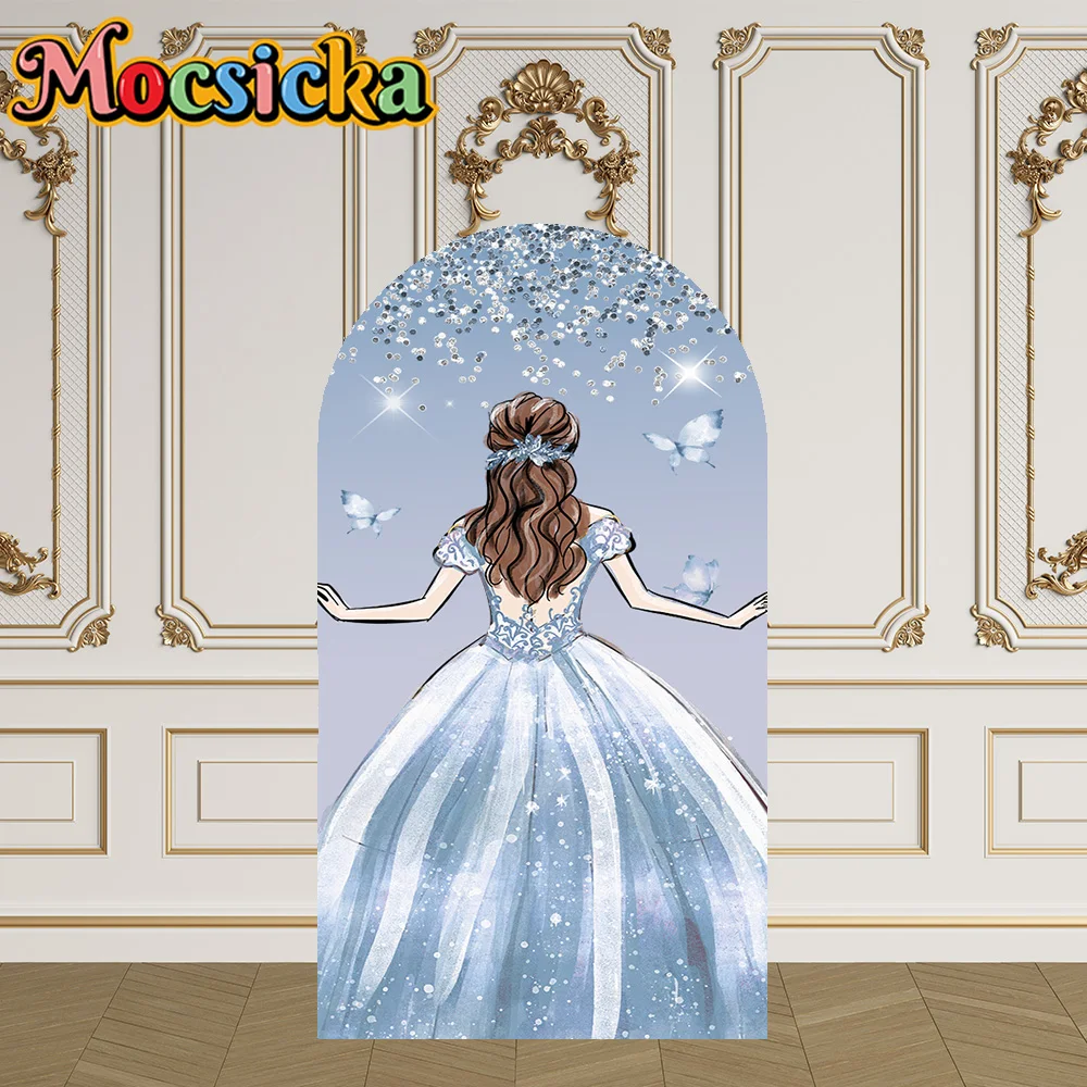 Mocsicka 양면 아치 커버 공주 소녀 나비 15 번째 장식 배경 베이비 샤워 아치 벽 어린이 생일 파티 소품