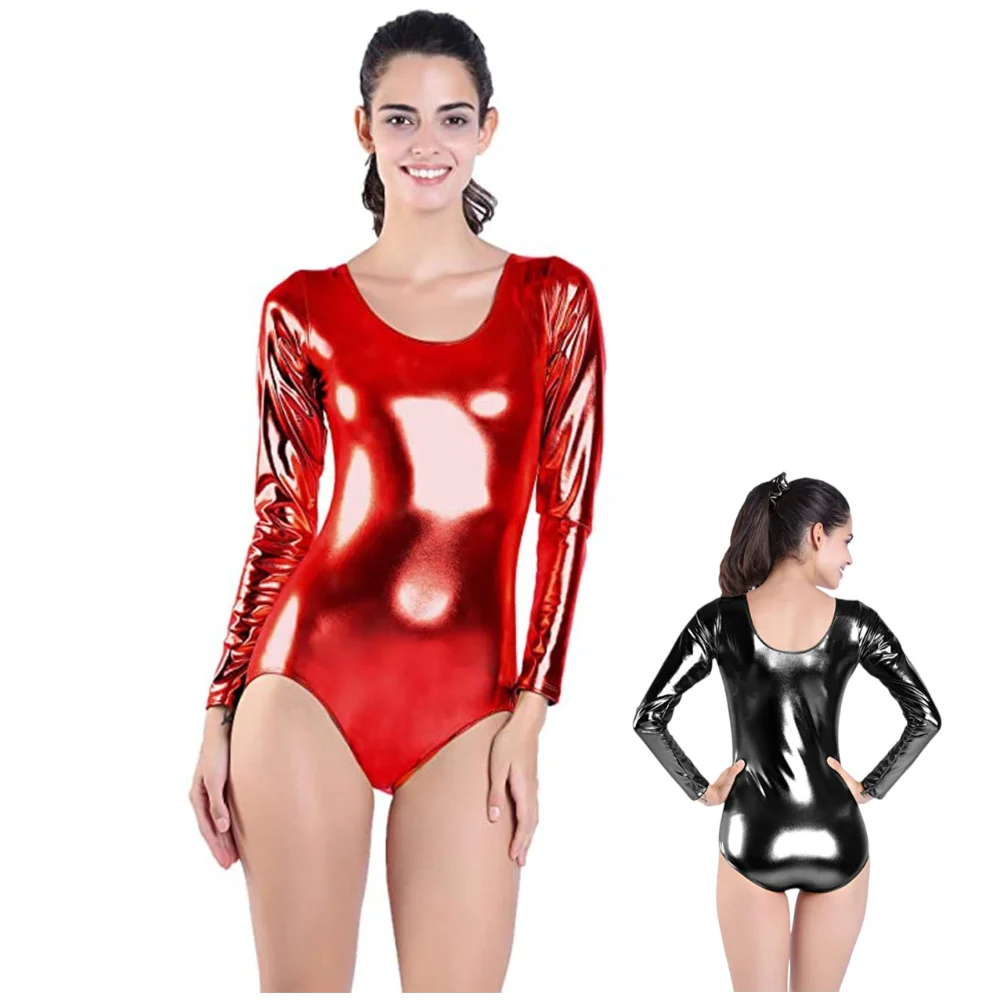 

Women Long Sleeve Shiny Metallic Spandex Leotard Gymnastics Bodysuit Scoop Neck One Piece Dancewear Adult Stage Dance Costumes